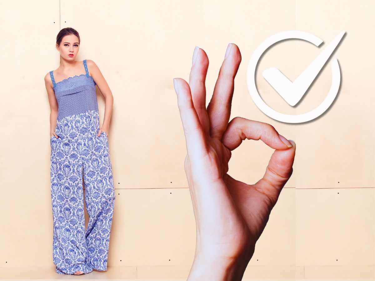 donna segno ok e donna con pantalone lungo